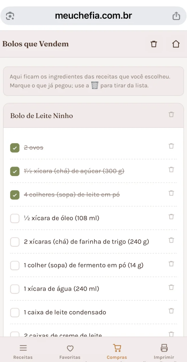 Lista pronta com itens riscados
